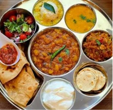 THALI:- DAL + MIX VEG + RICE + 2 ROTI LACHA PARANTHA + SALAD + GULAB JAMUN